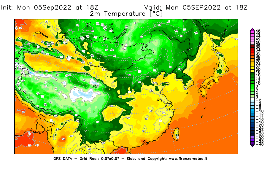 Mappa di analisi GFS - Temperatura a 2 metri dal suolo [°C] in Asia Orientale
							del 05/09/2022 18 <!--googleoff: index-->UTC<!--googleon: index-->