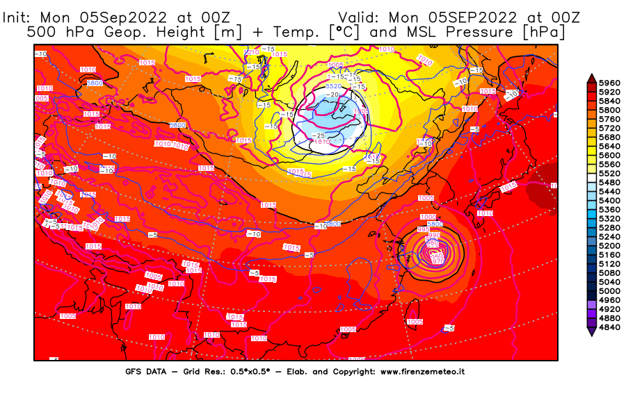 GFS analysi map - Geopotential [m] + Temp. [°C] at 500 hPa + Sea Level Pressure [hPa] in East Asia
									on 05/09/2022 00 <!--googleoff: index-->UTC<!--googleon: index-->