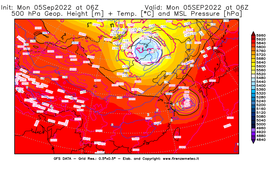 GFS analysi map - Geopotential [m] + Temp. [°C] at 500 hPa + Sea Level Pressure [hPa] in East Asia
									on 05/09/2022 06 <!--googleoff: index-->UTC<!--googleon: index-->