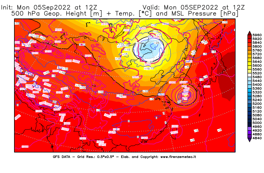GFS analysi map - Geopotential [m] + Temp. [°C] at 500 hPa + Sea Level Pressure [hPa] in East Asia
									on 05/09/2022 12 <!--googleoff: index-->UTC<!--googleon: index-->