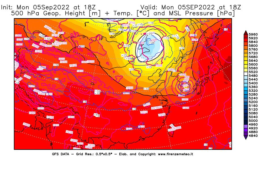 GFS analysi map - Geopotential [m] + Temp. [°C] at 500 hPa + Sea Level Pressure [hPa] in East Asia
									on 05/09/2022 18 <!--googleoff: index-->UTC<!--googleon: index-->