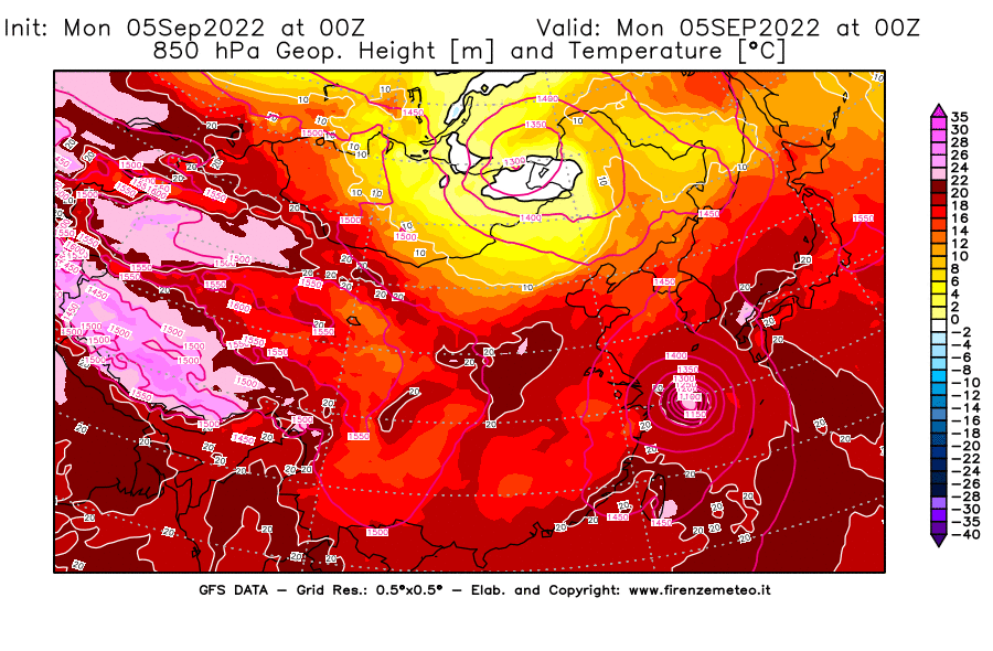GFS analysi map - Geopotential [m] and Temperature [°C] at 850 hPa in East Asia
									on 05/09/2022 00 <!--googleoff: index-->UTC<!--googleon: index-->