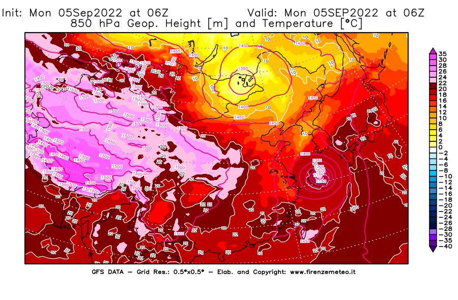 GFS analysi map - Geopotential [m] and Temperature [°C] at 850 hPa in East Asia
									on 05/09/2022 06 <!--googleoff: index-->UTC<!--googleon: index-->
