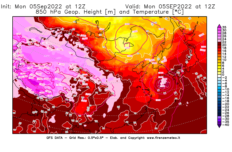 Mappa di analisi GFS - Geopotenziale [m] e Temperatura [°C] a 850 hPa in Asia Orientale
							del 05/09/2022 12 <!--googleoff: index-->UTC<!--googleon: index-->
