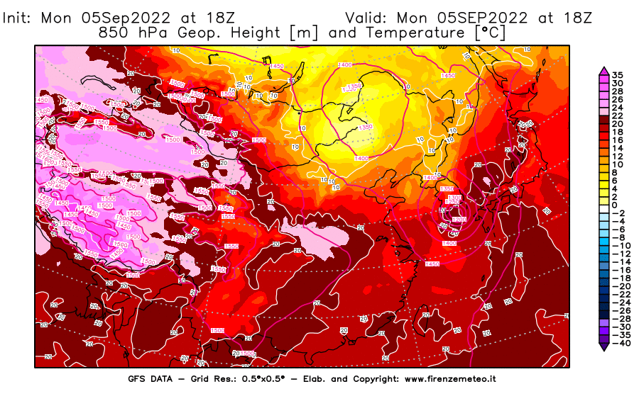 Mappa di analisi GFS - Geopotenziale [m] e Temperatura [°C] a 850 hPa in Asia Orientale
							del 05/09/2022 18 <!--googleoff: index-->UTC<!--googleon: index-->