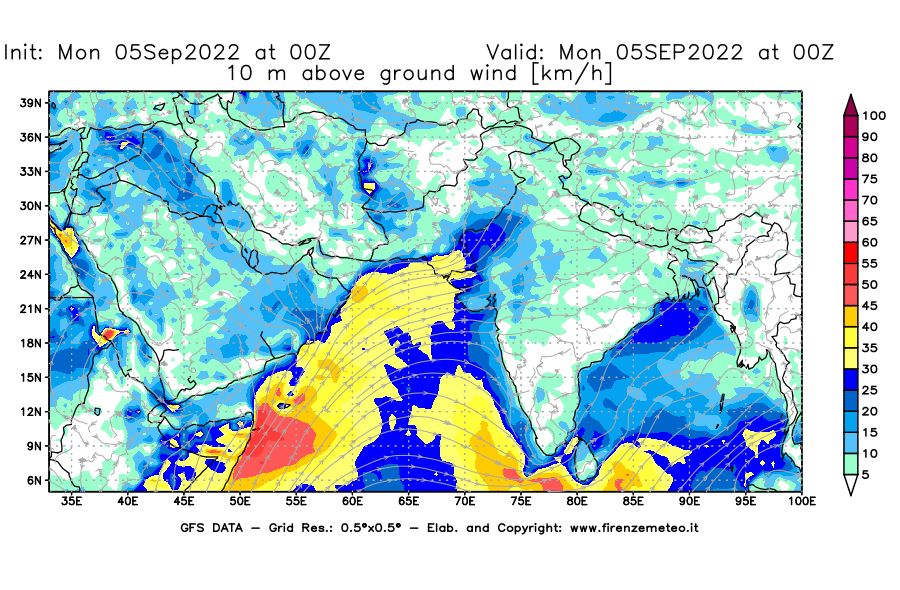GFS analysi map - Wind Speed at 10 m above ground [km/h] in South West Asia 
									on 05/09/2022 00 <!--googleoff: index-->UTC<!--googleon: index-->