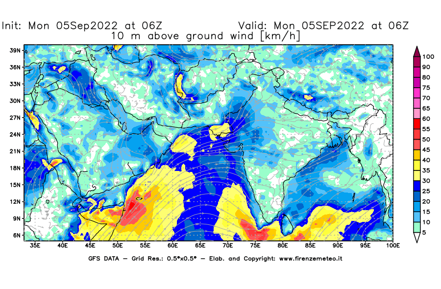 GFS analysi map - Wind Speed at 10 m above ground [km/h] in South West Asia 
									on 05/09/2022 06 <!--googleoff: index-->UTC<!--googleon: index-->