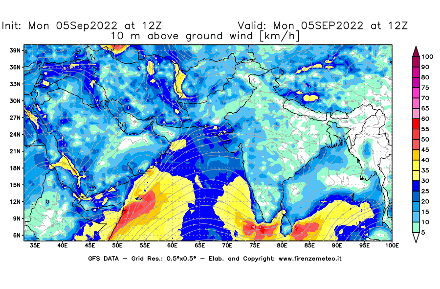 Mappa di analisi GFS - Velocità del vento a 10 metri dal suolo [km/h] in Asia Sud-Occidentale
							del 05/09/2022 12 <!--googleoff: index-->UTC<!--googleon: index-->