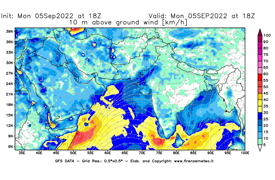 GFS analysi map - Wind Speed at 10 m above ground [km/h] in South West Asia 
									on 05/09/2022 18 <!--googleoff: index-->UTC<!--googleon: index-->