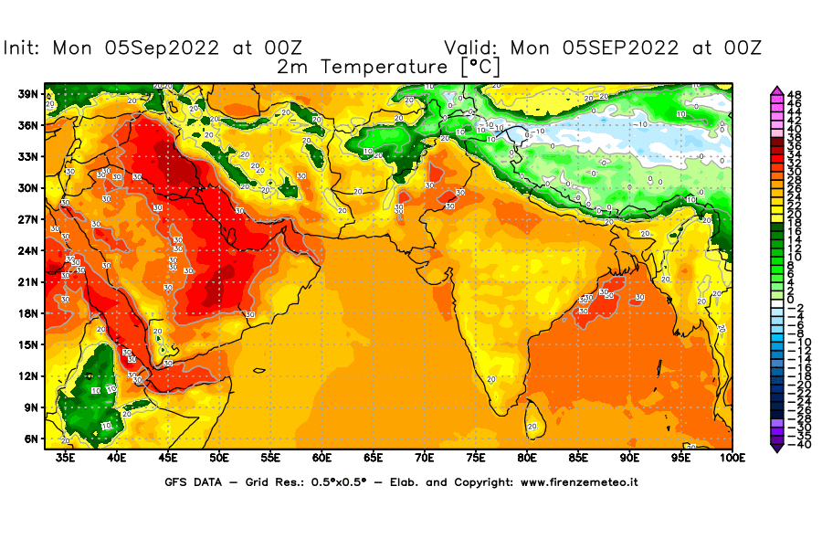Mappa di analisi GFS - Temperatura a 2 metri dal suolo [°C] in Asia Sud-Occidentale
							del 05/09/2022 00 <!--googleoff: index-->UTC<!--googleon: index-->