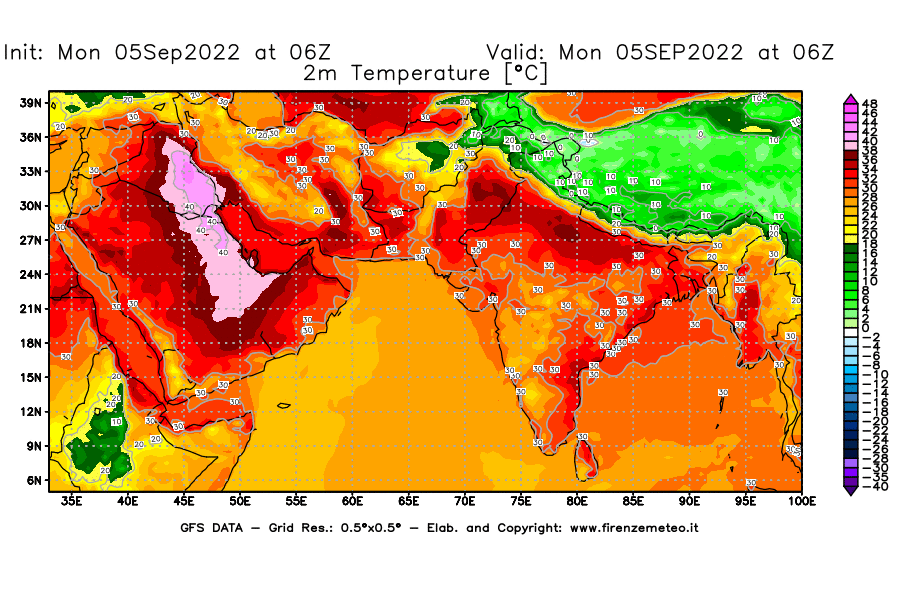 Mappa di analisi GFS - Temperatura a 2 metri dal suolo [°C] in Asia Sud-Occidentale
							del 05/09/2022 06 <!--googleoff: index-->UTC<!--googleon: index-->