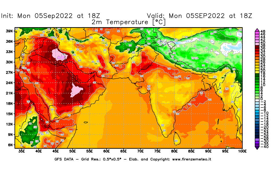Mappa di analisi GFS - Temperatura a 2 metri dal suolo [°C] in Asia Sud-Occidentale
							del 05/09/2022 18 <!--googleoff: index-->UTC<!--googleon: index-->