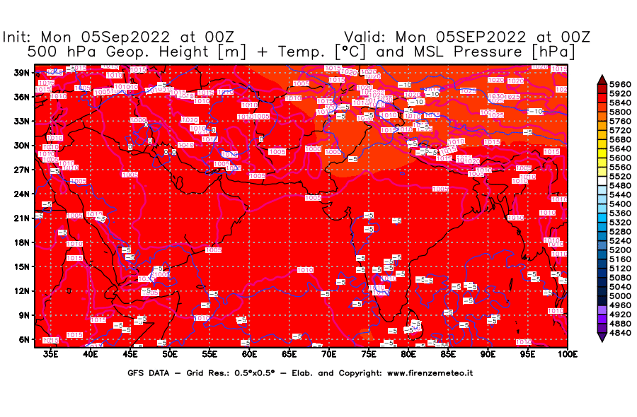 Mappa di analisi GFS - Geopotenziale [m] + Temp. [°C] a 500 hPa + Press. a livello del mare [hPa] in Asia Sud-Occidentale
							del 05/09/2022 00 <!--googleoff: index-->UTC<!--googleon: index-->