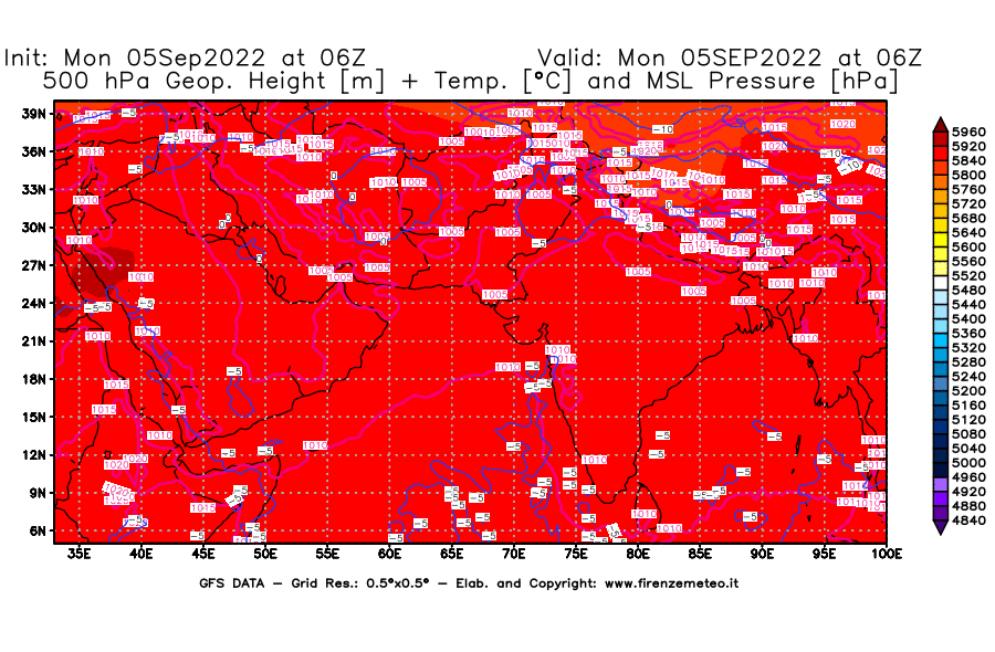 GFS analysi map - Geopotential [m] + Temp. [°C] at 500 hPa + Sea Level Pressure [hPa] in South West Asia 
									on 05/09/2022 06 <!--googleoff: index-->UTC<!--googleon: index-->