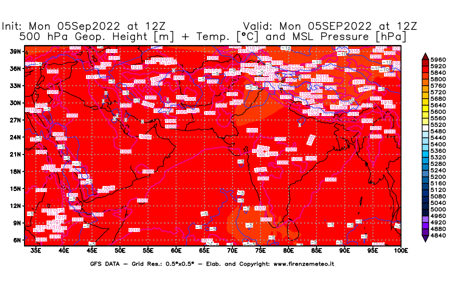 Mappa di analisi GFS - Geopotenziale [m] + Temp. [°C] a 500 hPa + Press. a livello del mare [hPa] in Asia Sud-Occidentale
							del 05/09/2022 12 <!--googleoff: index-->UTC<!--googleon: index-->