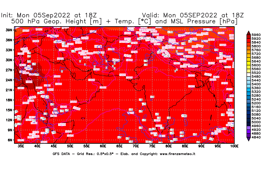Mappa di analisi GFS - Geopotenziale [m] + Temp. [°C] a 500 hPa + Press. a livello del mare [hPa] in Asia Sud-Occidentale
							del 05/09/2022 18 <!--googleoff: index-->UTC<!--googleon: index-->