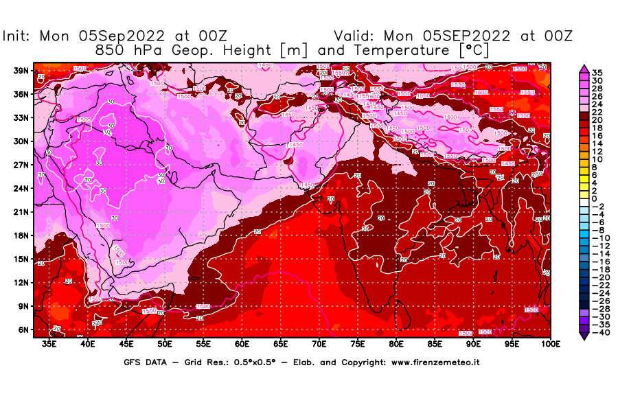 Mappa di analisi GFS - Geopotenziale [m] e Temperatura [°C] a 850 hPa in Asia Sud-Occidentale
							del 05/09/2022 00 <!--googleoff: index-->UTC<!--googleon: index-->