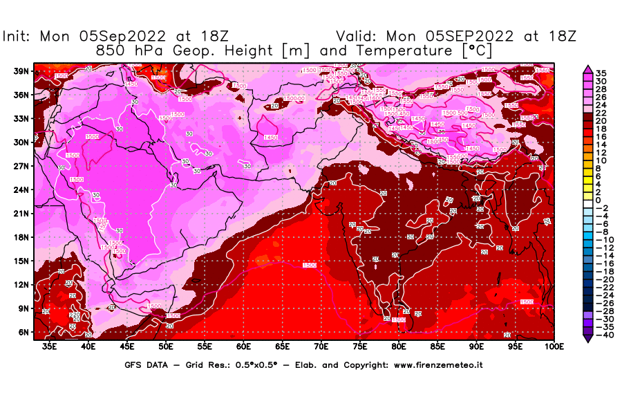 Mappa di analisi GFS - Geopotenziale [m] e Temperatura [°C] a 850 hPa in Asia Sud-Occidentale
							del 05/09/2022 18 <!--googleoff: index-->UTC<!--googleon: index-->