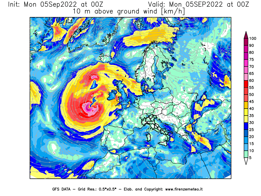 Mappa di analisi GFS - Velocità del vento a 10 metri dal suolo [km/h] in Europa
							del 05/09/2022 00 <!--googleoff: index-->UTC<!--googleon: index-->