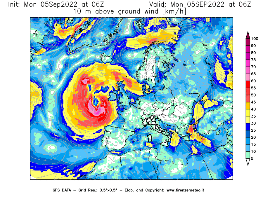 Mappa di analisi GFS - Velocità del vento a 10 metri dal suolo [km/h] in Europa
							del 05/09/2022 06 <!--googleoff: index-->UTC<!--googleon: index-->