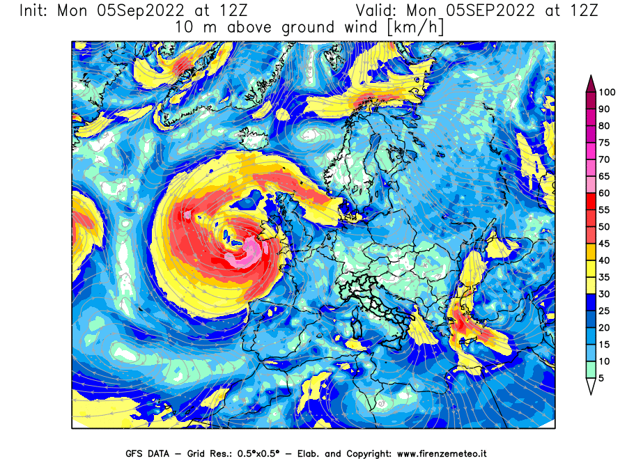 Mappa di analisi GFS - Velocità del vento a 10 metri dal suolo [km/h] in Europa
							del 05/09/2022 12 <!--googleoff: index-->UTC<!--googleon: index-->