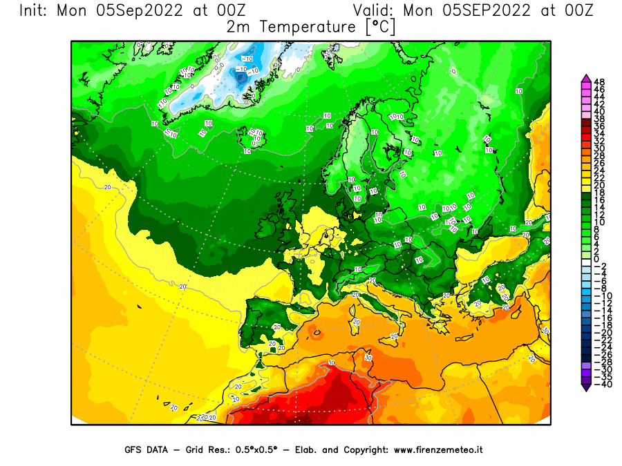 Mappa di analisi GFS - Temperatura a 2 metri dal suolo [°C] in Europa
							del 05/09/2022 00 <!--googleoff: index-->UTC<!--googleon: index-->