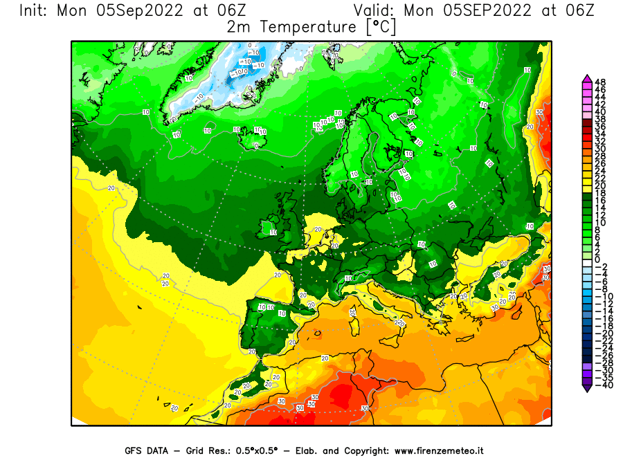 Mappa di analisi GFS - Temperatura a 2 metri dal suolo [°C] in Europa
							del 05/09/2022 06 <!--googleoff: index-->UTC<!--googleon: index-->