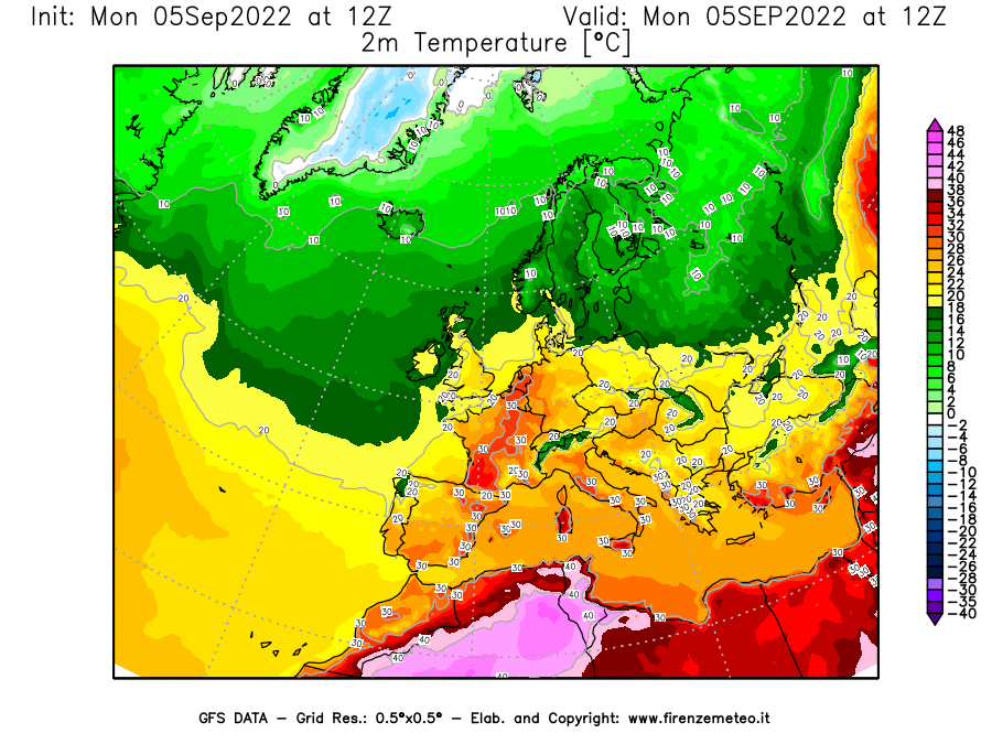 GFS analysi map - Temperature at 2 m above ground [°C] in Europe
									on 05/09/2022 12 <!--googleoff: index-->UTC<!--googleon: index-->