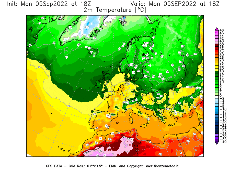Mappa di analisi GFS - Temperatura a 2 metri dal suolo [°C] in Europa
							del 05/09/2022 18 <!--googleoff: index-->UTC<!--googleon: index-->