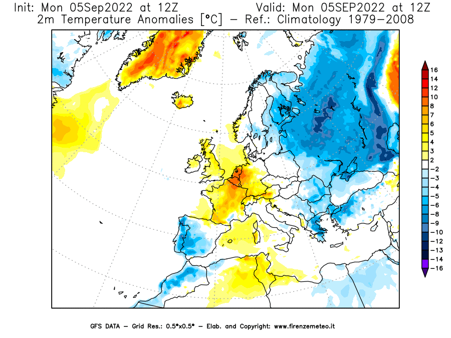 Mappa di analisi GFS - Anomalia Temperatura [°C] a 2 m in Europa
							del 05/09/2022 12 <!--googleoff: index-->UTC<!--googleon: index-->