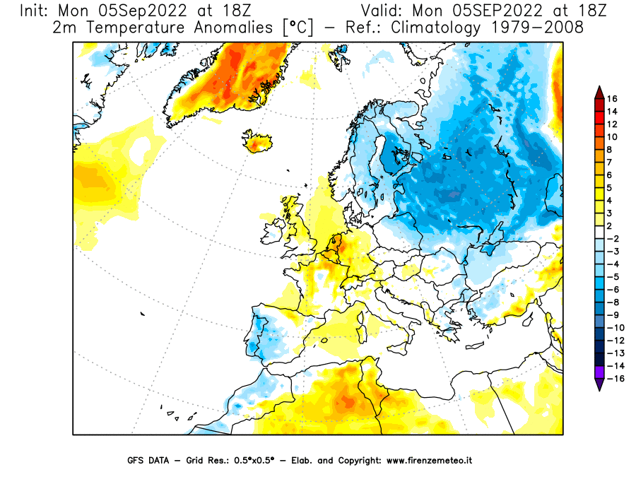Mappa di analisi GFS - Anomalia Temperatura [°C] a 2 m in Europa
							del 05/09/2022 18 <!--googleoff: index-->UTC<!--googleon: index-->