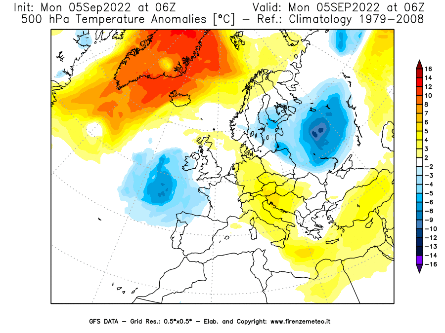 Mappa di analisi GFS - Anomalia Temperatura [°C] a 500 hPa in Europa
							del 05/09/2022 06 <!--googleoff: index-->UTC<!--googleon: index-->