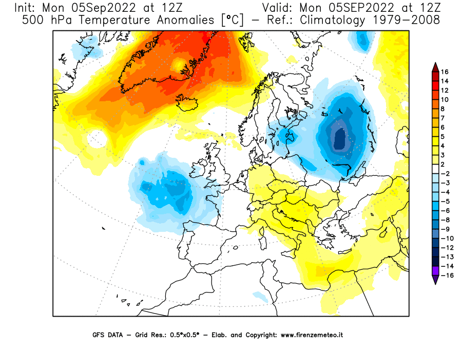 Mappa di analisi GFS - Anomalia Temperatura [°C] a 500 hPa in Europa
							del 05/09/2022 12 <!--googleoff: index-->UTC<!--googleon: index-->