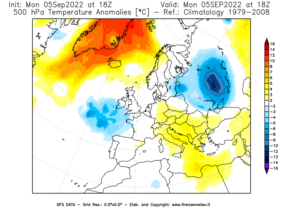 Mappa di analisi GFS - Anomalia Temperatura [°C] a 500 hPa in Europa
							del 05/09/2022 18 <!--googleoff: index-->UTC<!--googleon: index-->