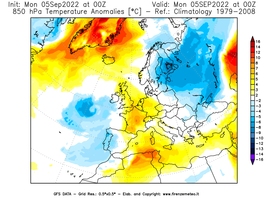 Mappa di analisi GFS - Anomalia Temperatura [°C] a 850 hPa in Europa
							del 05/09/2022 00 <!--googleoff: index-->UTC<!--googleon: index-->