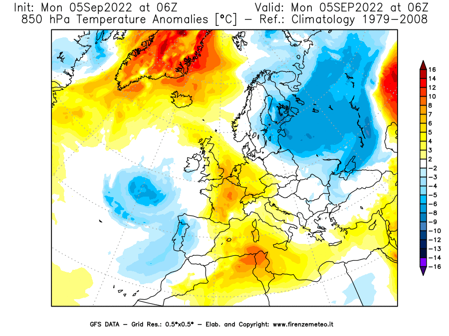 Mappa di analisi GFS - Anomalia Temperatura [°C] a 850 hPa in Europa
							del 05/09/2022 06 <!--googleoff: index-->UTC<!--googleon: index-->