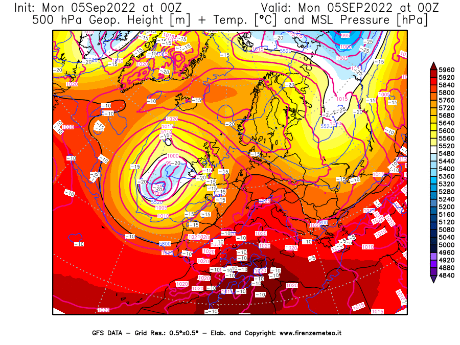 GFS analysi map - Geopotential [m] + Temp. [°C] at 500 hPa + Sea Level Pressure [hPa] in Europe
									on 05/09/2022 00 <!--googleoff: index-->UTC<!--googleon: index-->