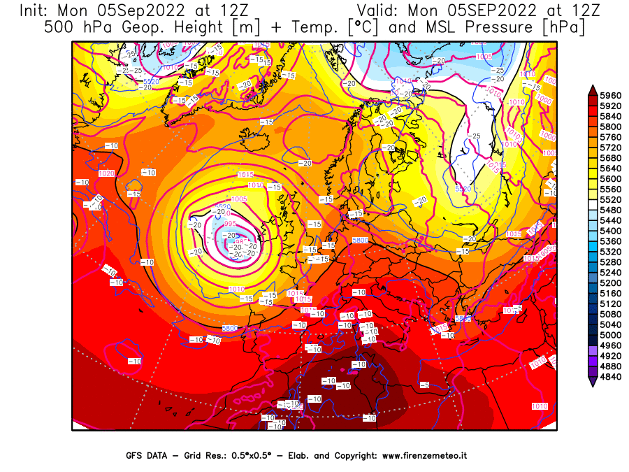 GFS analysi map - Geopotential [m] + Temp. [°C] at 500 hPa + Sea Level Pressure [hPa] in Europe
									on 05/09/2022 12 <!--googleoff: index-->UTC<!--googleon: index-->