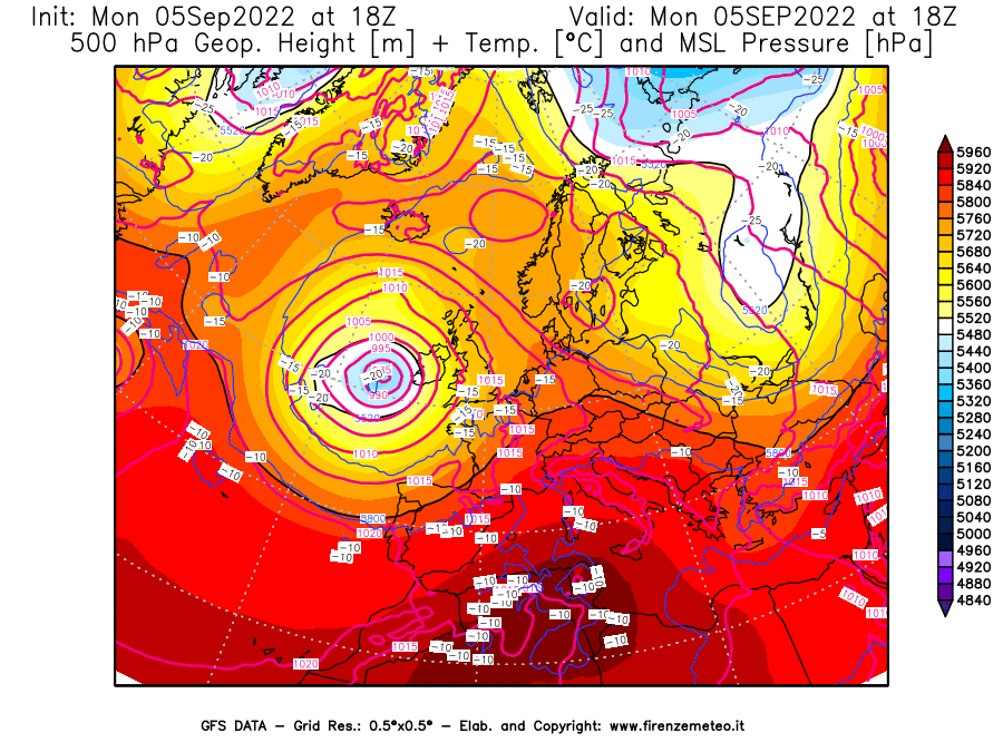 GFS analysi map - Geopotential [m] + Temp. [°C] at 500 hPa + Sea Level Pressure [hPa] in Europe
									on 05/09/2022 18 <!--googleoff: index-->UTC<!--googleon: index-->