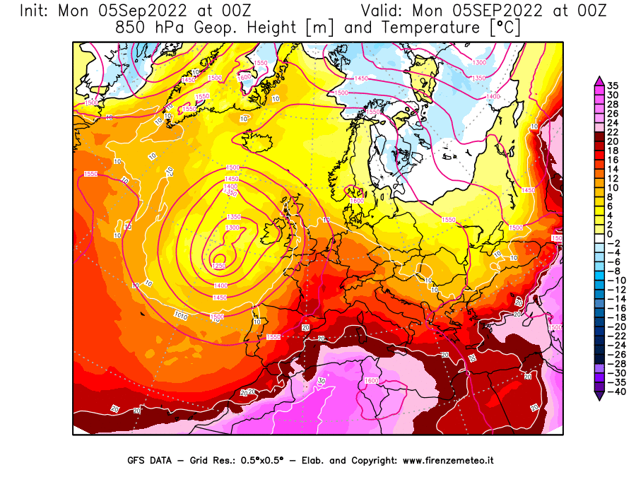 GFS analysi map - Geopotential [m] and Temperature [°C] at 850 hPa in Europe
									on 05/09/2022 00 <!--googleoff: index-->UTC<!--googleon: index-->