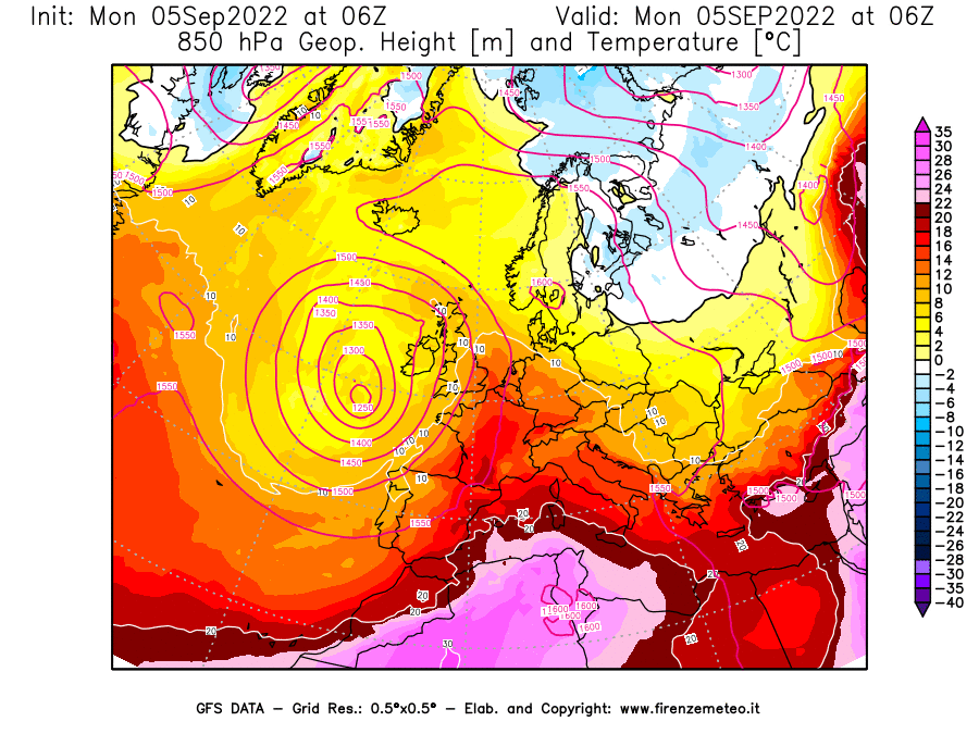 GFS analysi map - Geopotential [m] and Temperature [°C] at 850 hPa in Europe
									on 05/09/2022 06 <!--googleoff: index-->UTC<!--googleon: index-->