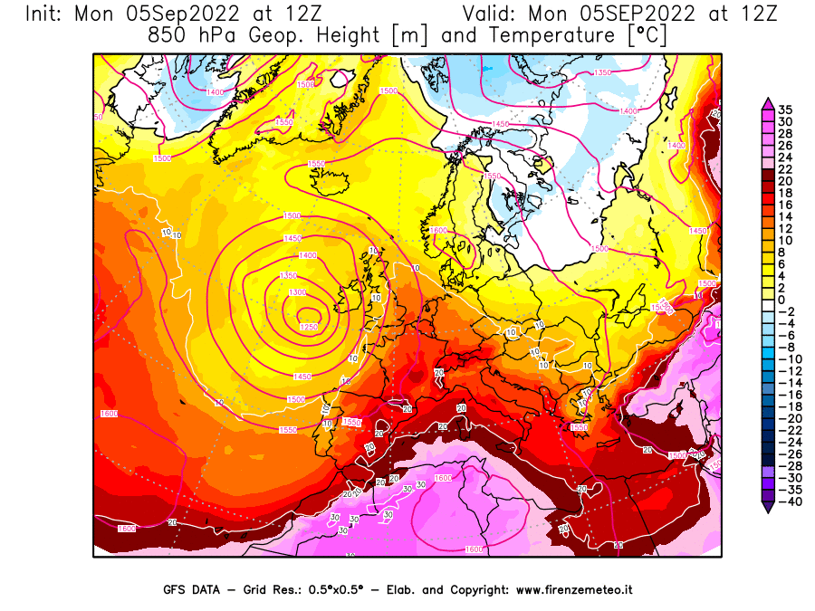 GFS analysi map - Geopotential [m] and Temperature [°C] at 850 hPa in Europe
									on 05/09/2022 12 <!--googleoff: index-->UTC<!--googleon: index-->