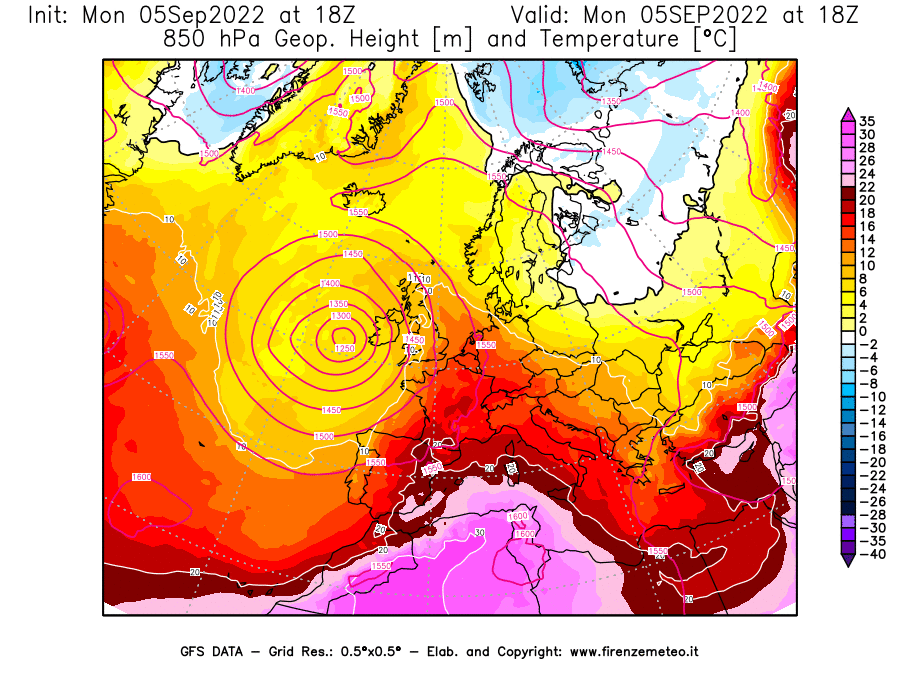 GFS analysi map - Geopotential [m] and Temperature [°C] at 850 hPa in Europe
									on 05/09/2022 18 <!--googleoff: index-->UTC<!--googleon: index-->