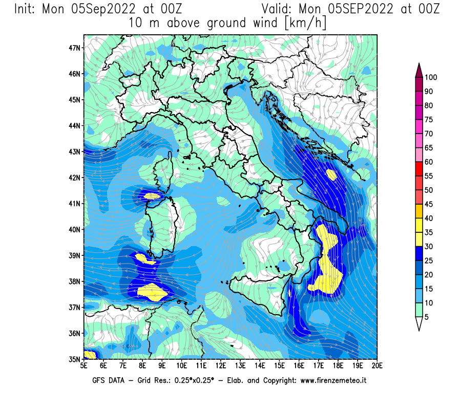 GFS analysi map - Wind Speed at 10 m above ground [km/h] in Italy
									on 05/09/2022 00 <!--googleoff: index-->UTC<!--googleon: index-->