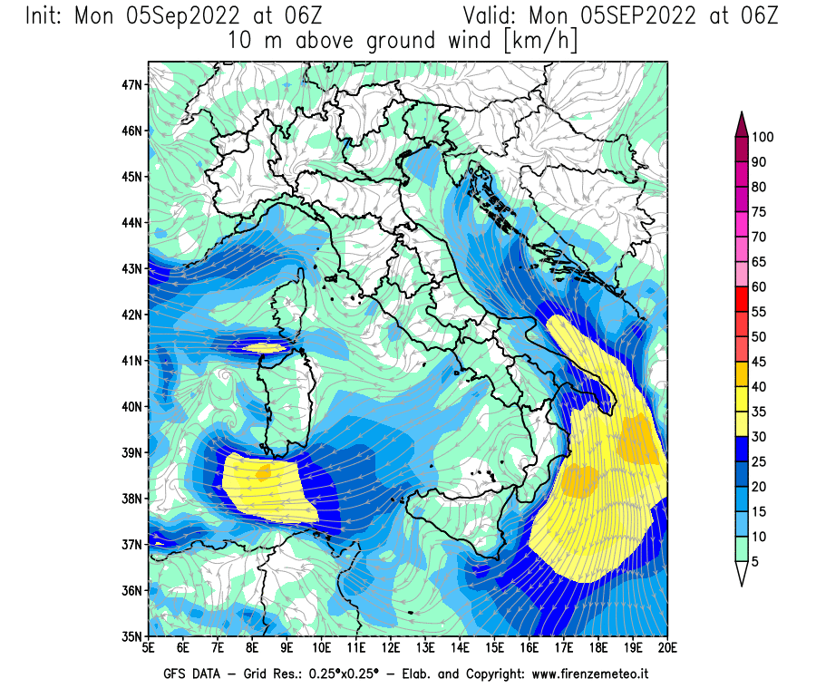 GFS analysi map - Wind Speed at 10 m above ground [km/h] in Italy
									on 05/09/2022 06 <!--googleoff: index-->UTC<!--googleon: index-->