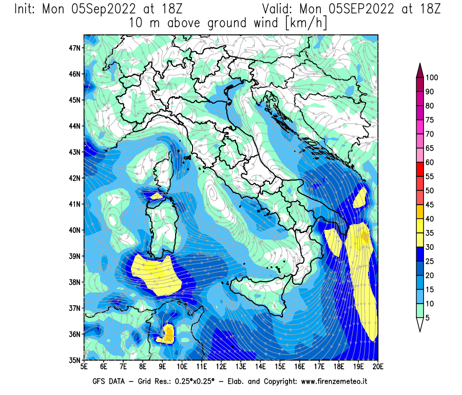 GFS analysi map - Wind Speed at 10 m above ground [km/h] in Italy
									on 05/09/2022 18 <!--googleoff: index-->UTC<!--googleon: index-->
