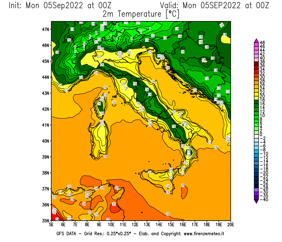 Mappa di analisi GFS - Temperatura a 2 metri dal suolo [°C] in Italia
							del 05/09/2022 00 <!--googleoff: index-->UTC<!--googleon: index-->