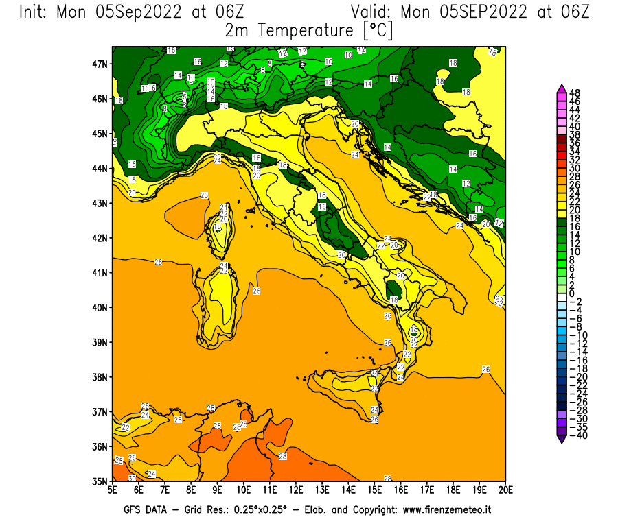 Mappa di analisi GFS - Temperatura a 2 metri dal suolo [°C] in Italia
							del 05/09/2022 06 <!--googleoff: index-->UTC<!--googleon: index-->