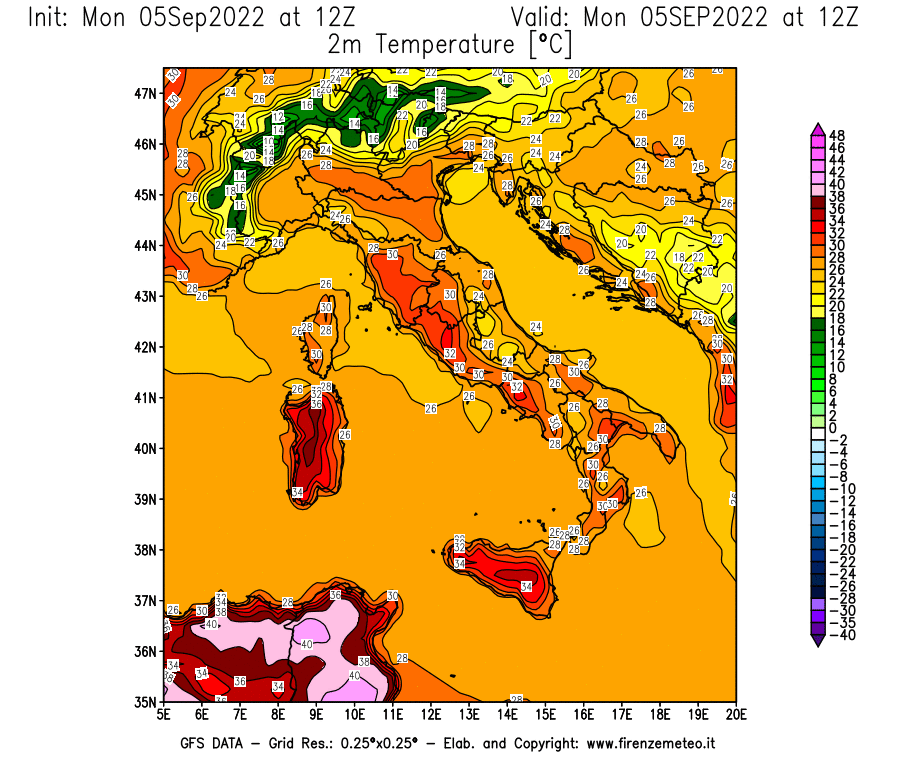 GFS analysi map - Temperature at 2 m above ground [°C] in Italy
									on 05/09/2022 12 <!--googleoff: index-->UTC<!--googleon: index-->