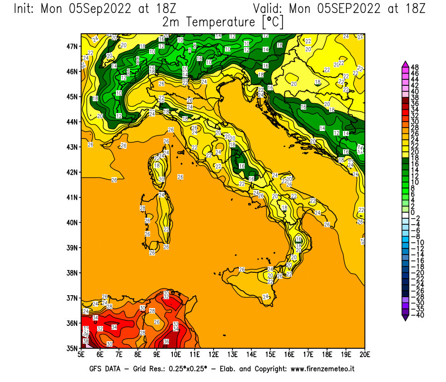 GFS analysi map - Temperature at 2 m above ground [°C] in Italy
									on 05/09/2022 18 <!--googleoff: index-->UTC<!--googleon: index-->